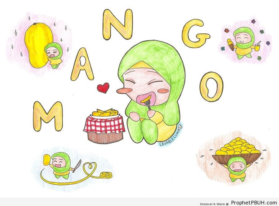 Little Girl Eating Mango - Chibi Drawings (Cute Muslim Characters) 
