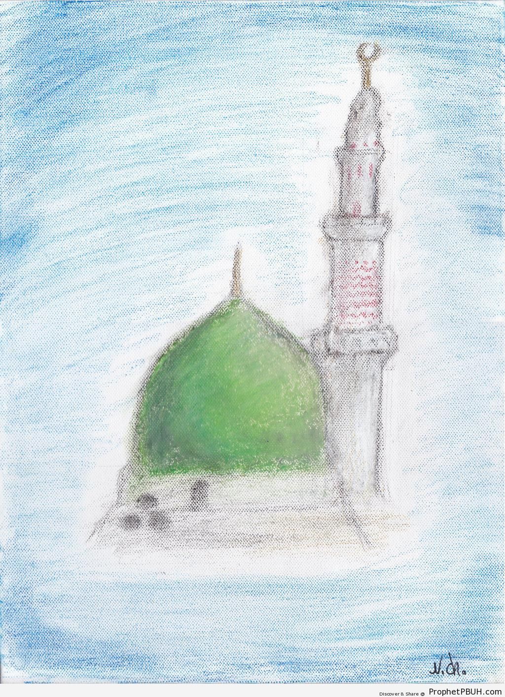 Pastel Drawing of al-Masjid an-Nabawi - Al-Masjid an-Nabawi (The Prophets Mosque) in Madinah, Saudi Arabia -Picture
