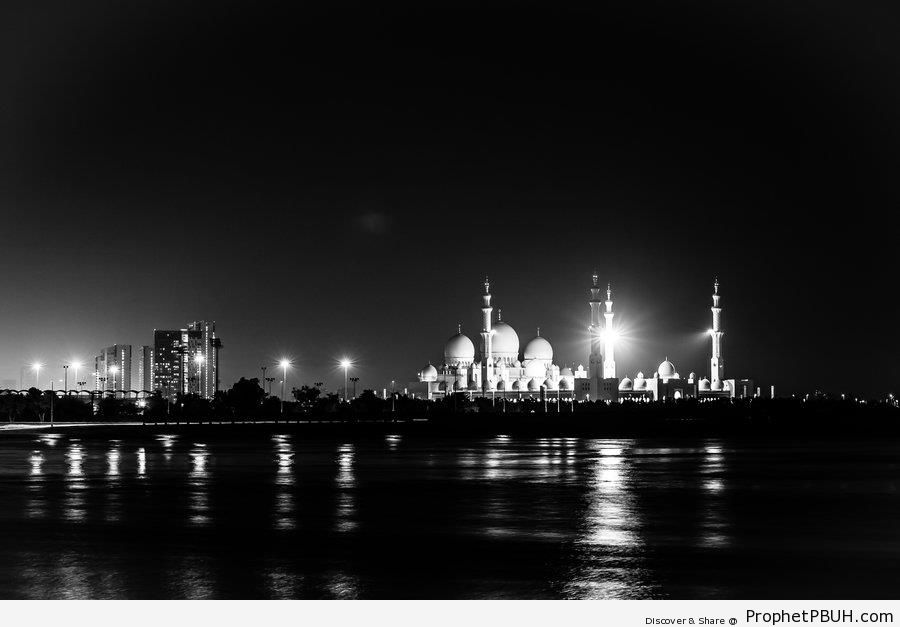 Distant Photo of Sheikh Zayed Grand Mosque At Night (Abu Dhabi, United Arab Emirates) - Abu Dhabi, United Arab Emirates -Picture