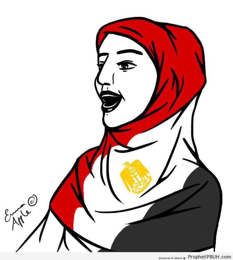 Egyptian Woman Revolutionary Wearing Flag Hijab - Drawings 