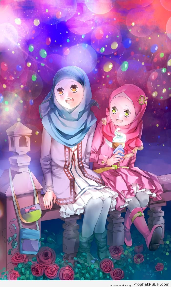 Happy Muslim Girls on Eid Day (Manga & Anime Style Drawing) - Drawings 