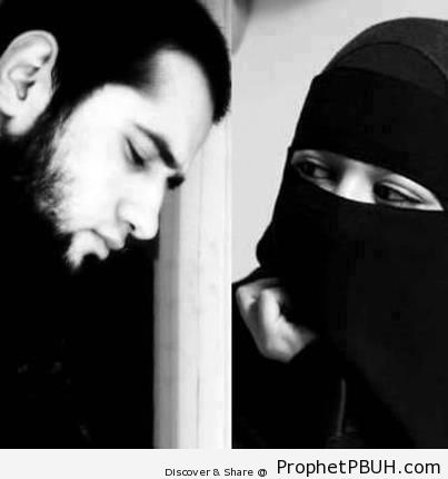 Muslim Couple (Bearded Husband, Niqabi Wife) - Islamic Black and White Photos