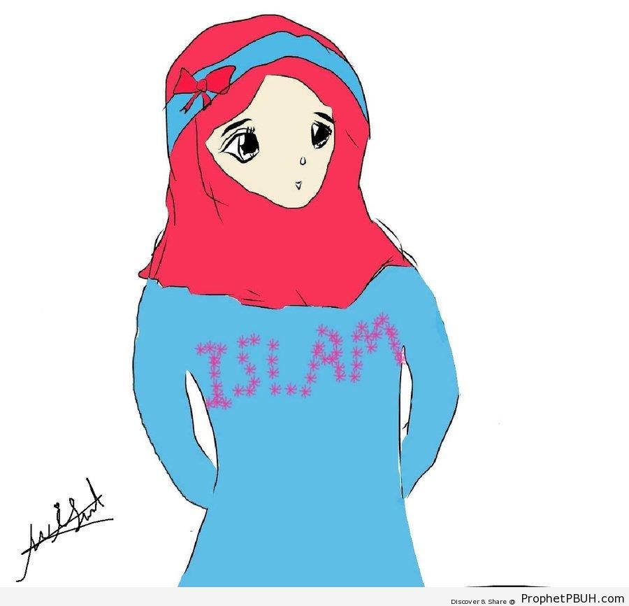 Muslim Woman Drawing With -Islam- Written on Shirt - Drawings 